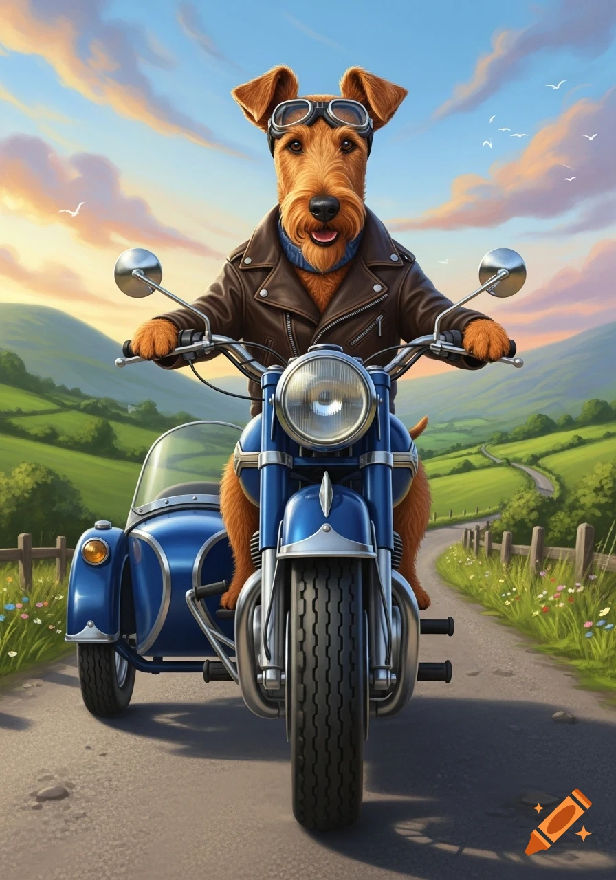 An anthropomorphic Irish Terrier wearing goggles and a leather jacket rides a blue motorcycle with a sidecar down a country road at sunset, in an illustrated style.