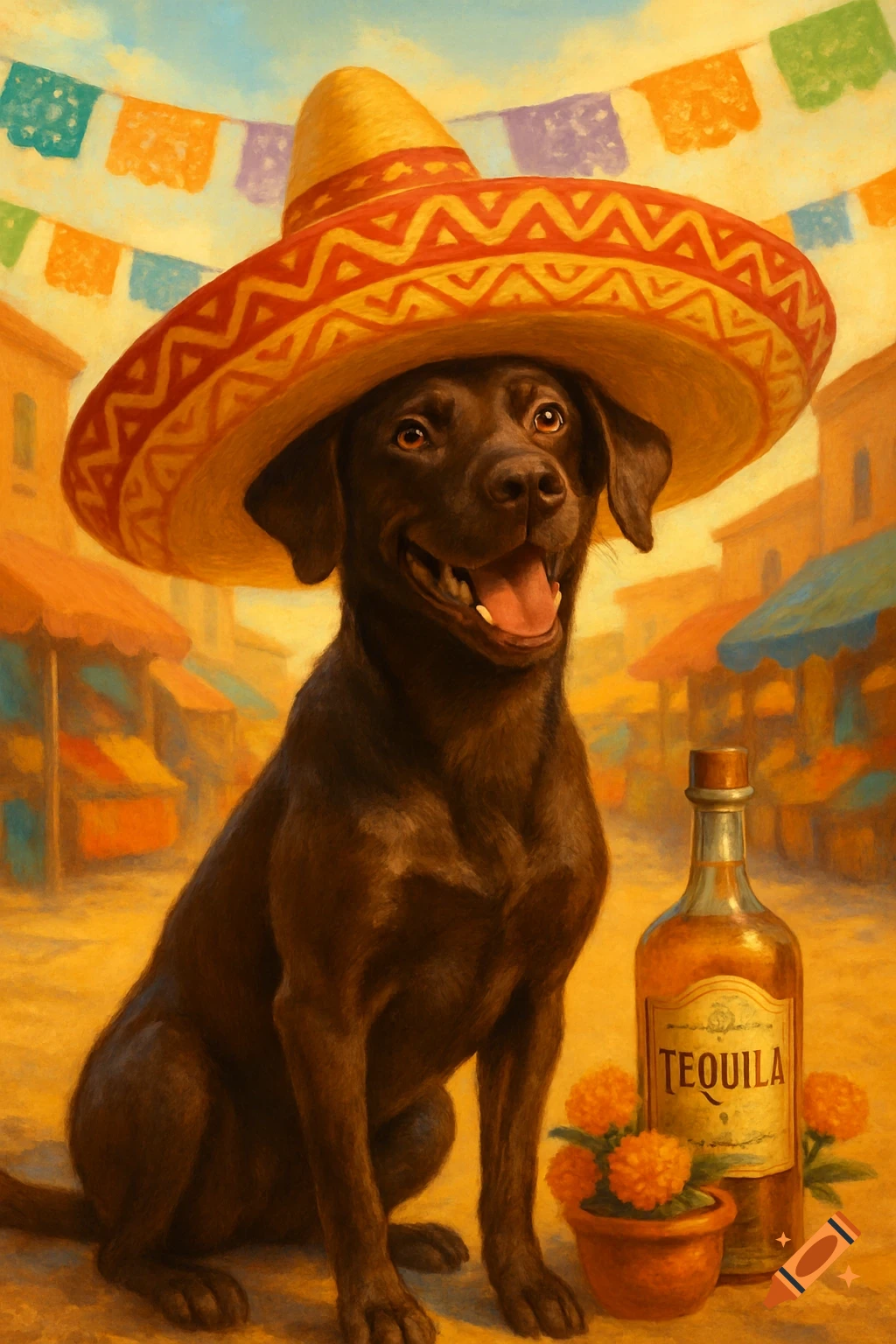 A happy brown dog wears a large sombrero, sitting next to a bottle of tequila and marigolds in a festive outdoor market scene.