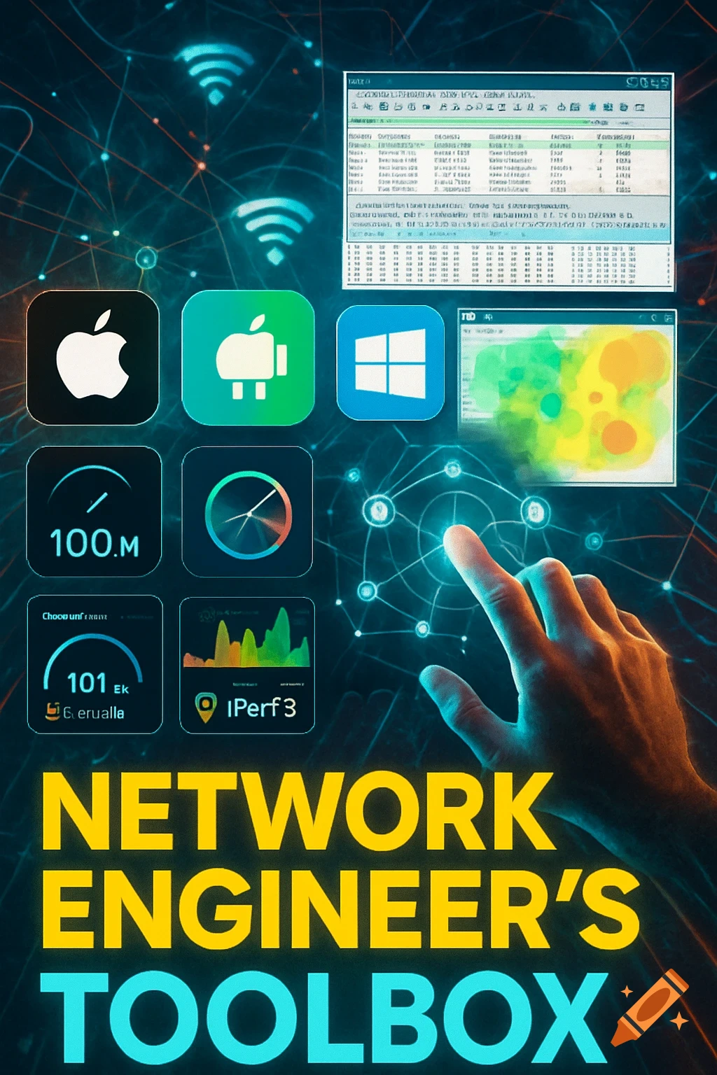 A dark blue background with glowing network lines features app icons for Apple, Android, and Windows, alongside various network statistics and a hand interacting with a glowing node. Bold yellow and blue text reads 'NETWORK ENGINEER'S TOOLBOX'.