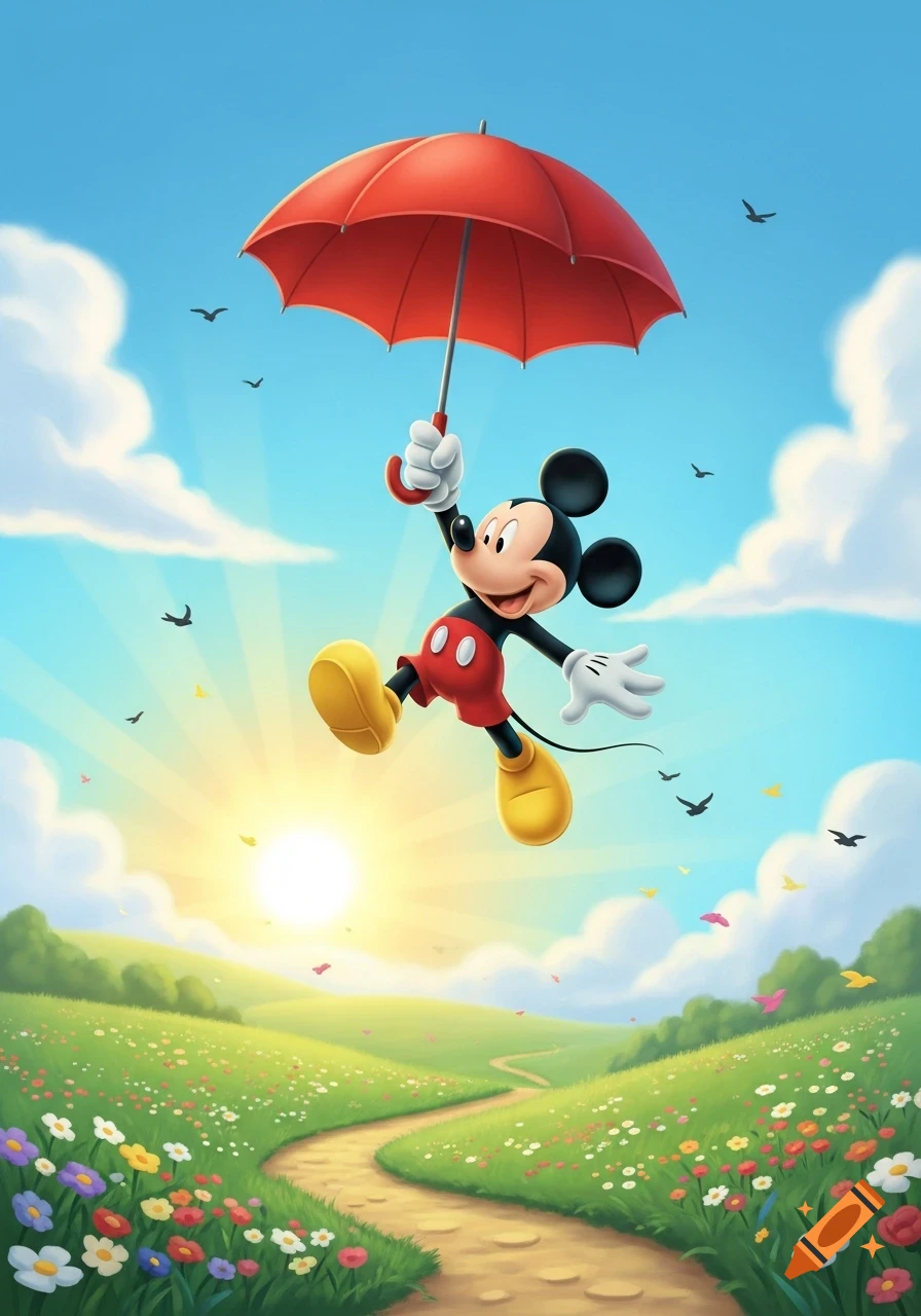 Mickey Mouse holding a red umbrella, floating in a bright blue sky above a winding path through a field of colorful flowers, cartoon style.