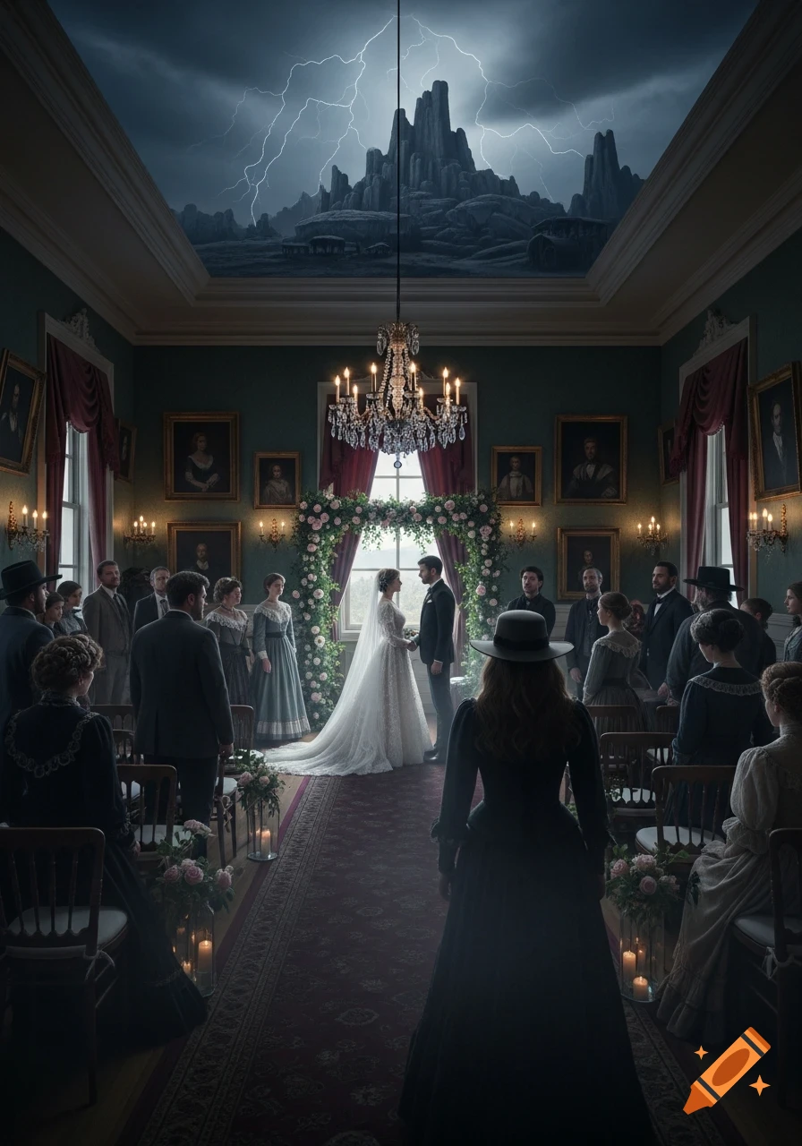A photorealistic image of a Victorian wedding ceremony indoors, with a dramatic stormy mountain landscape and lightning visible through the ceiling.