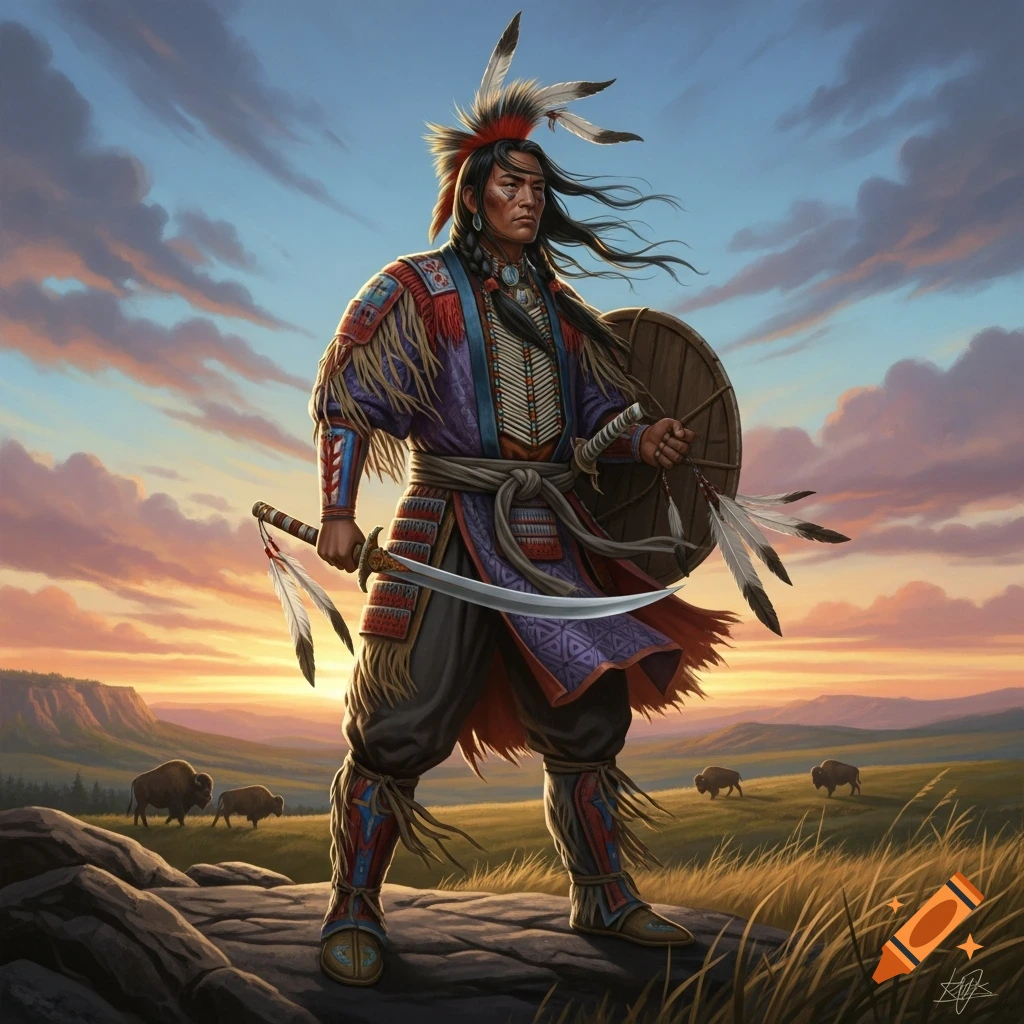 A Lakota warrior samurai in mixed attire, with a sword and shield, stands on a rocky hill at sunset with bison.