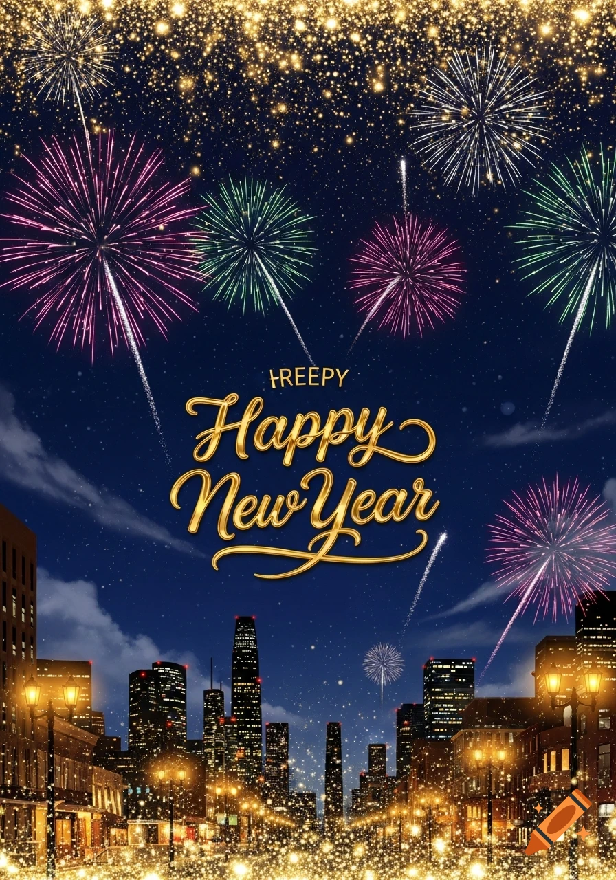 Vibrant fireworks explode over a sparkling city skyline at night with 'HREEPY Happy New Year' text.