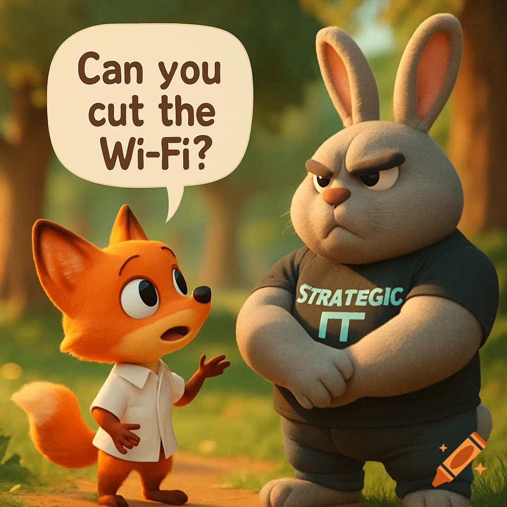 A cute 3D cartoon orange fox asks an angry gray rabbit wearing a 'Strategic IT' shirt, 'Can you cut the Wi-Fi?'