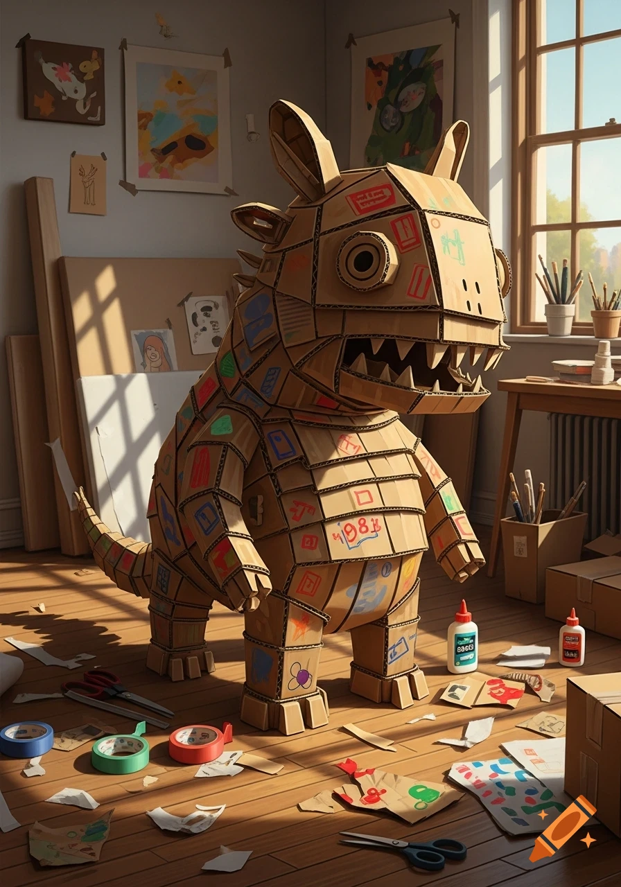 A large, colorful cardboard monster stands in a sunlit art studio, surrounded by craft supplies like glue, scissors, and tape.