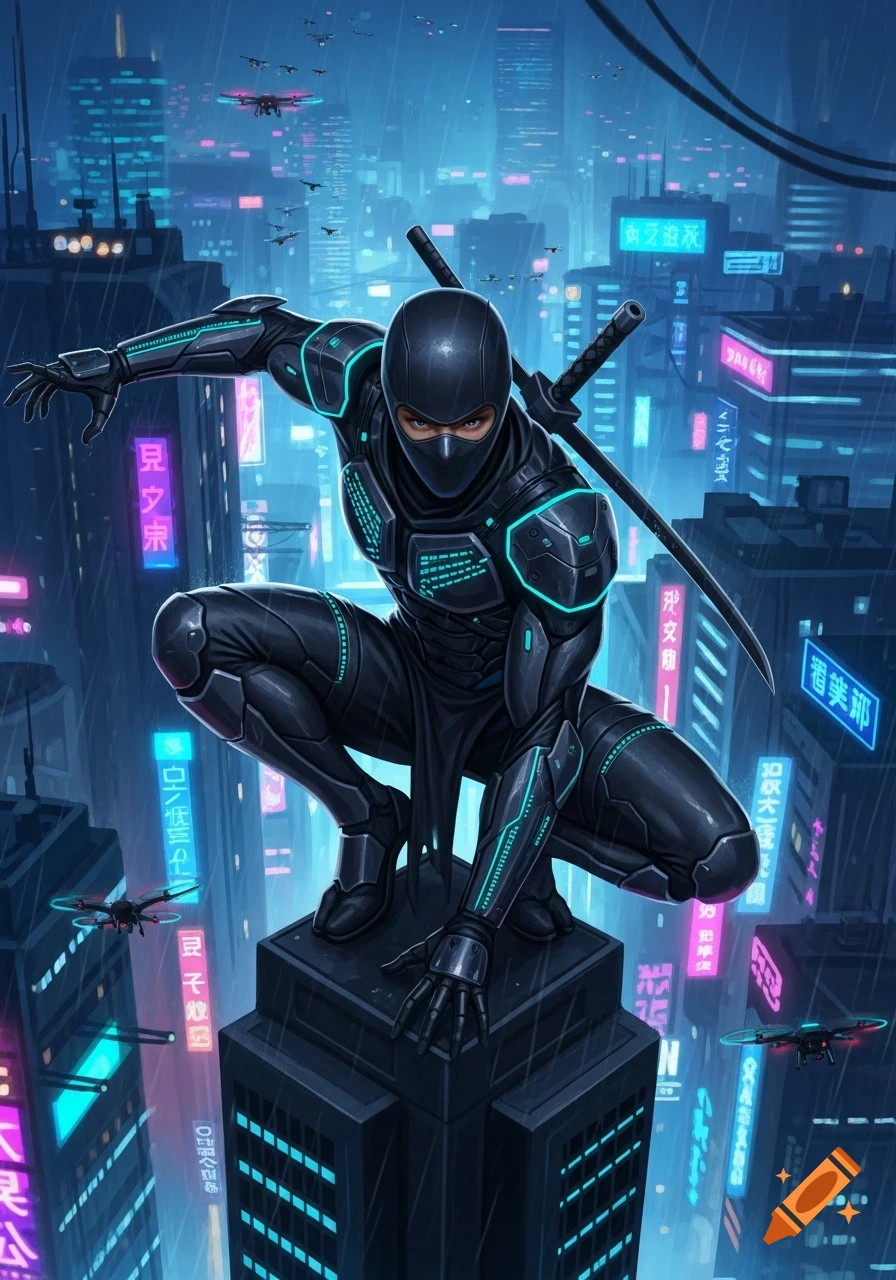 A black ninja in a futuristic cyberpunk city, crouching on a skyscraper rooftop in the rain, surrounded by neon signs and flying drones.