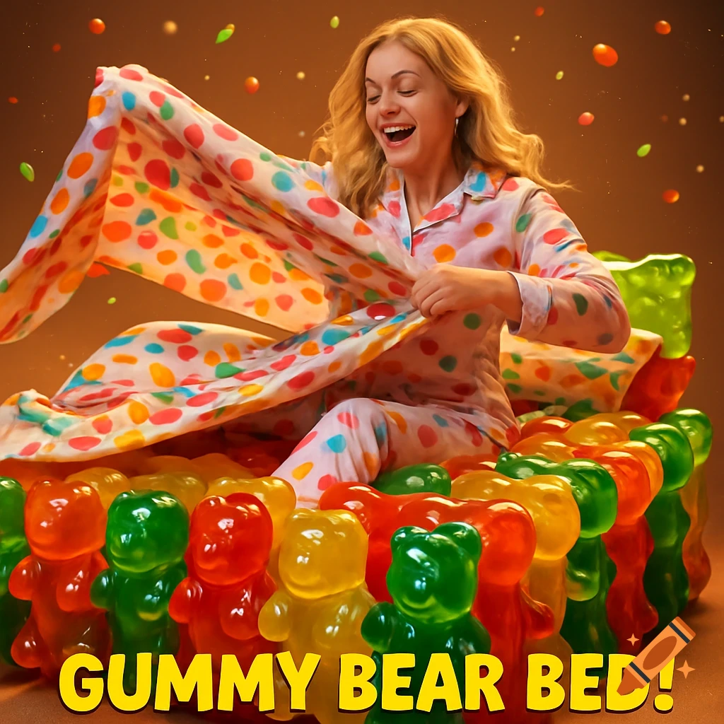 A happy blonde woman in polka-dot pajamas sits on a bed made of colorful gummy bears, with the text 'GUMMY BEAR BED!'