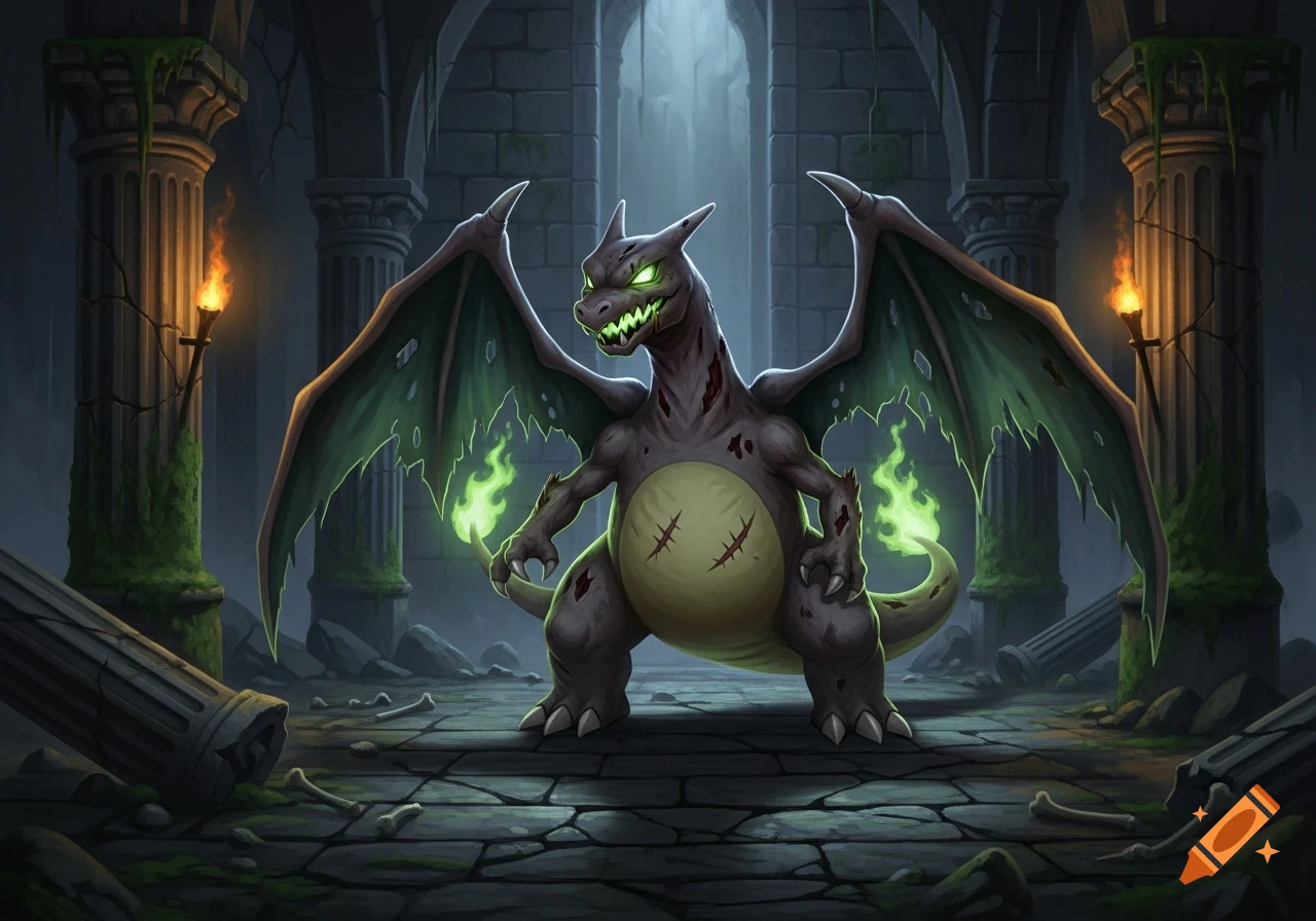 A zombie Charizard with torn wings, glowing green eyes, and scars stands in a dark, mossy stone ruin with broken columns.