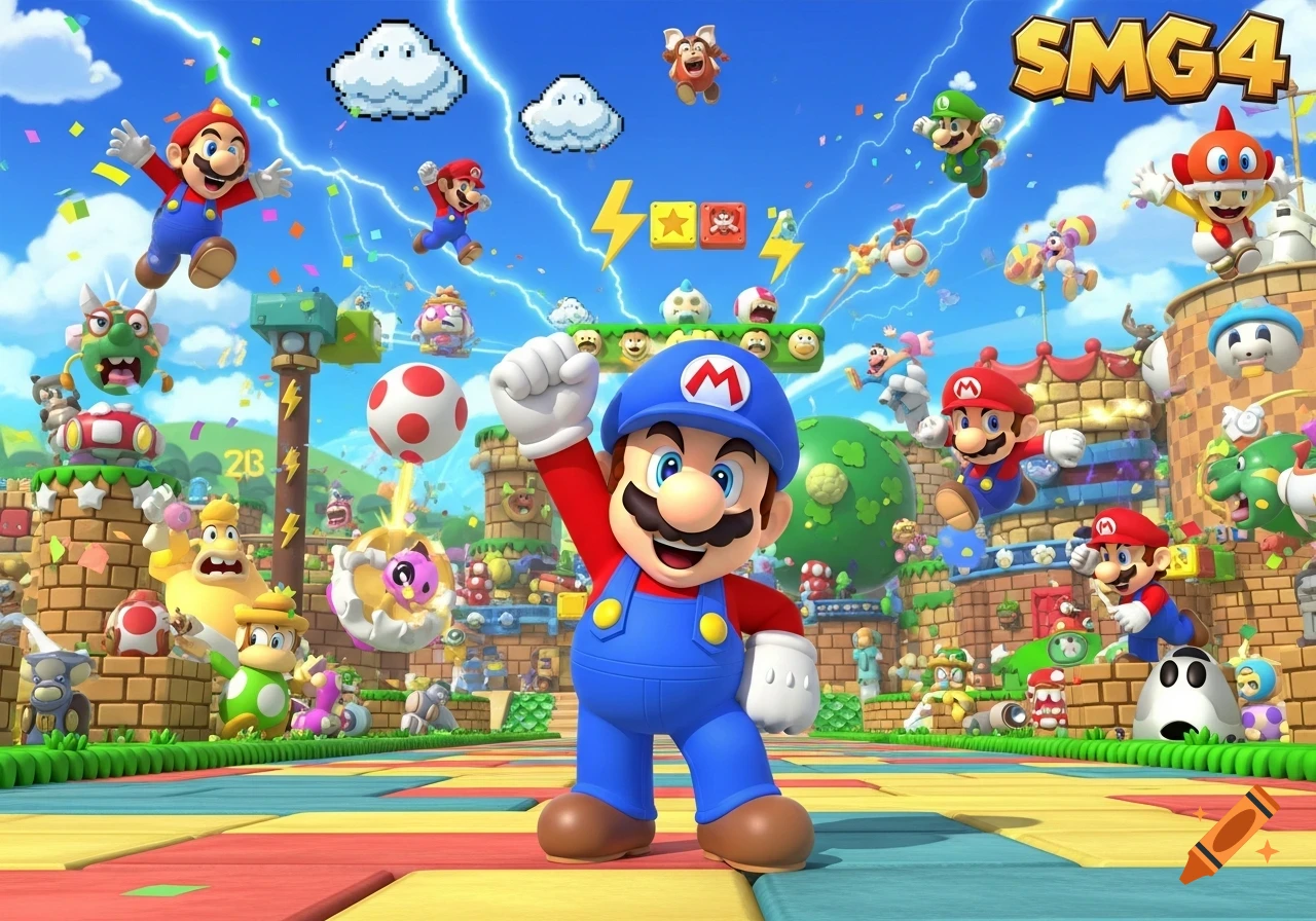 A vibrant cartoon scene with a blue-hatted Mario raising his fist in the foreground, surrounded by other Mario characters and enemies in a colorful, confetti-filled landscape with pixelated clouds and lightning.