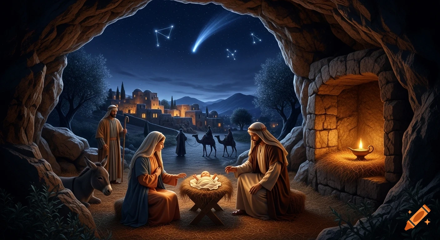 An ultra-realistic nativity scene showing Mary, Joseph, and baby Jesus in a limestone cave, with a shepherd, donkey, village, and magi with camels under a night sky with a bright comet.