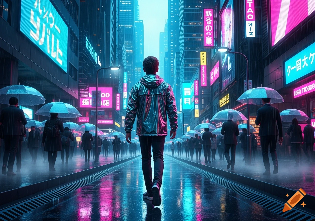 An Asian man in a shiny jacket walks away from the viewer down a neon-lit, rainy cyberpunk city street filled with other umbrella-holding pedestrians.