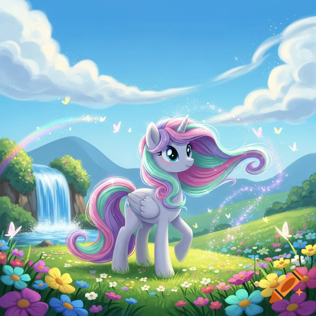A colorful unicorn-like pony with a flowing rainbow mane and tail stands in a vibrant flower field with a waterfall and rainbow in the background.