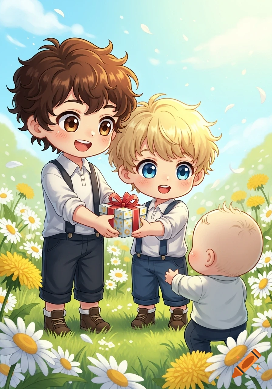 Two happy chibi boys give a gift to a baby in a sunny field with daisies and dandelions.