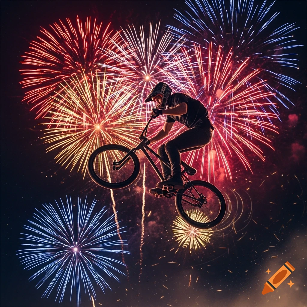 A BMX rider in a helmet and dark clothing mid-air, silhouetted against a vibrant display of red, orange, and blue fireworks.