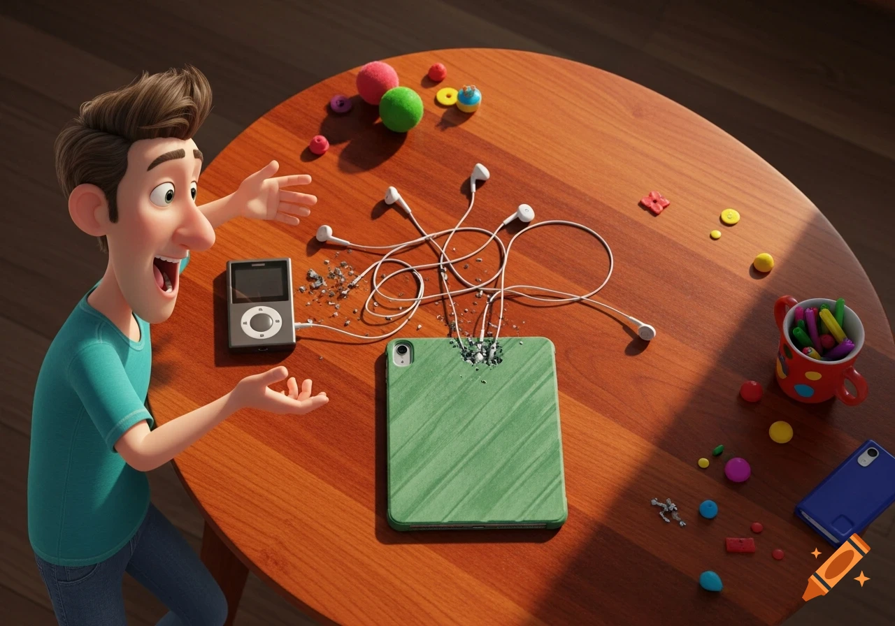 Excited cartoon man reacting to earbuds seemingly exploding an iPad on a wooden table, next to an iPod and colorful toys, 3D animation style.