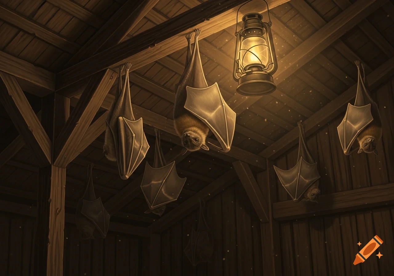 Several bats hang upside down from the wooden rafters of a dimly lit barn, illuminated by a glowing lantern.