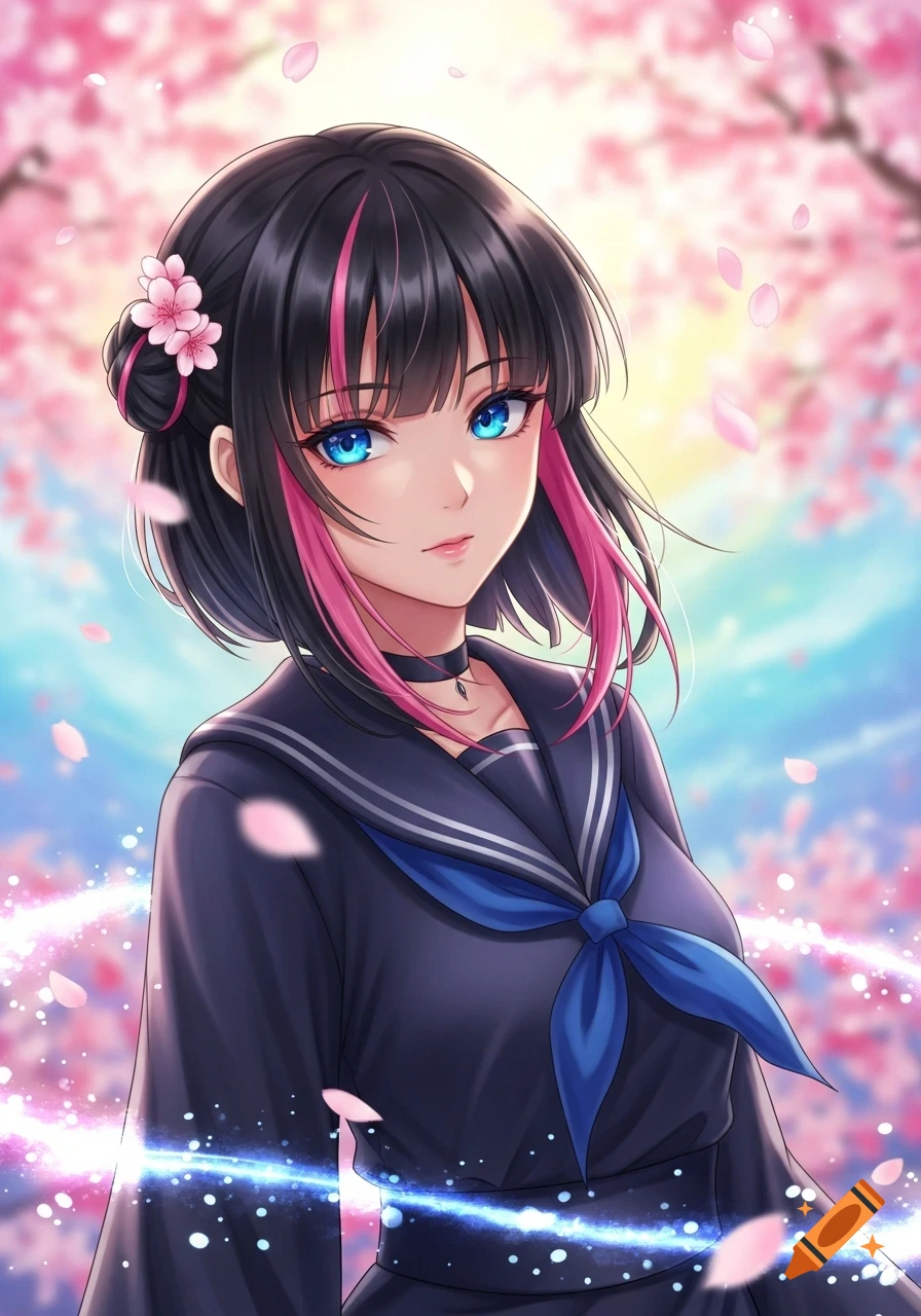 Anime girl with blue eyes and black hair with pink streaks, wearing a school uniform under falling cherry blossoms.