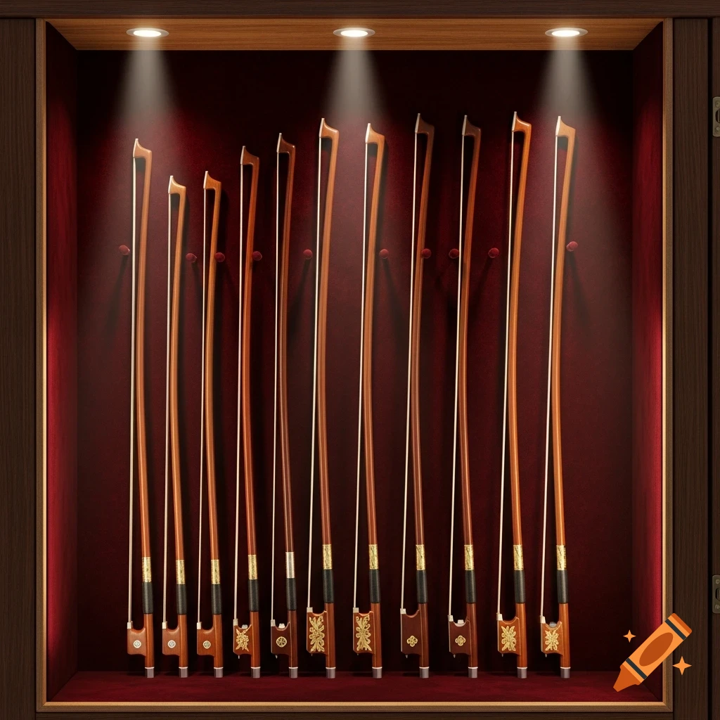 Multiple wooden string instrument bows with white horsehair displayed in a lit, velvet-lined wooden cabinet.