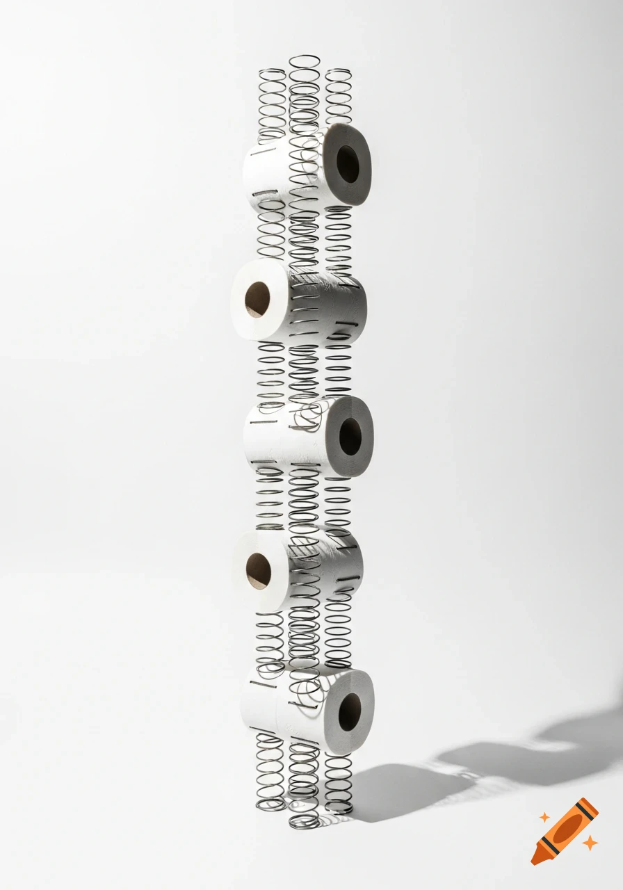 A minimalist sculpture of five white toilet paper rolls arranged vertically, separated and connected by stretched metal springs on a white background with strong shadows.