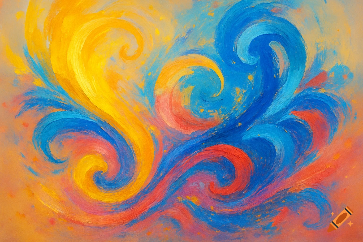 Abstract painting with bold, swirling brushstrokes of yellow, blue, and orange-red colors.