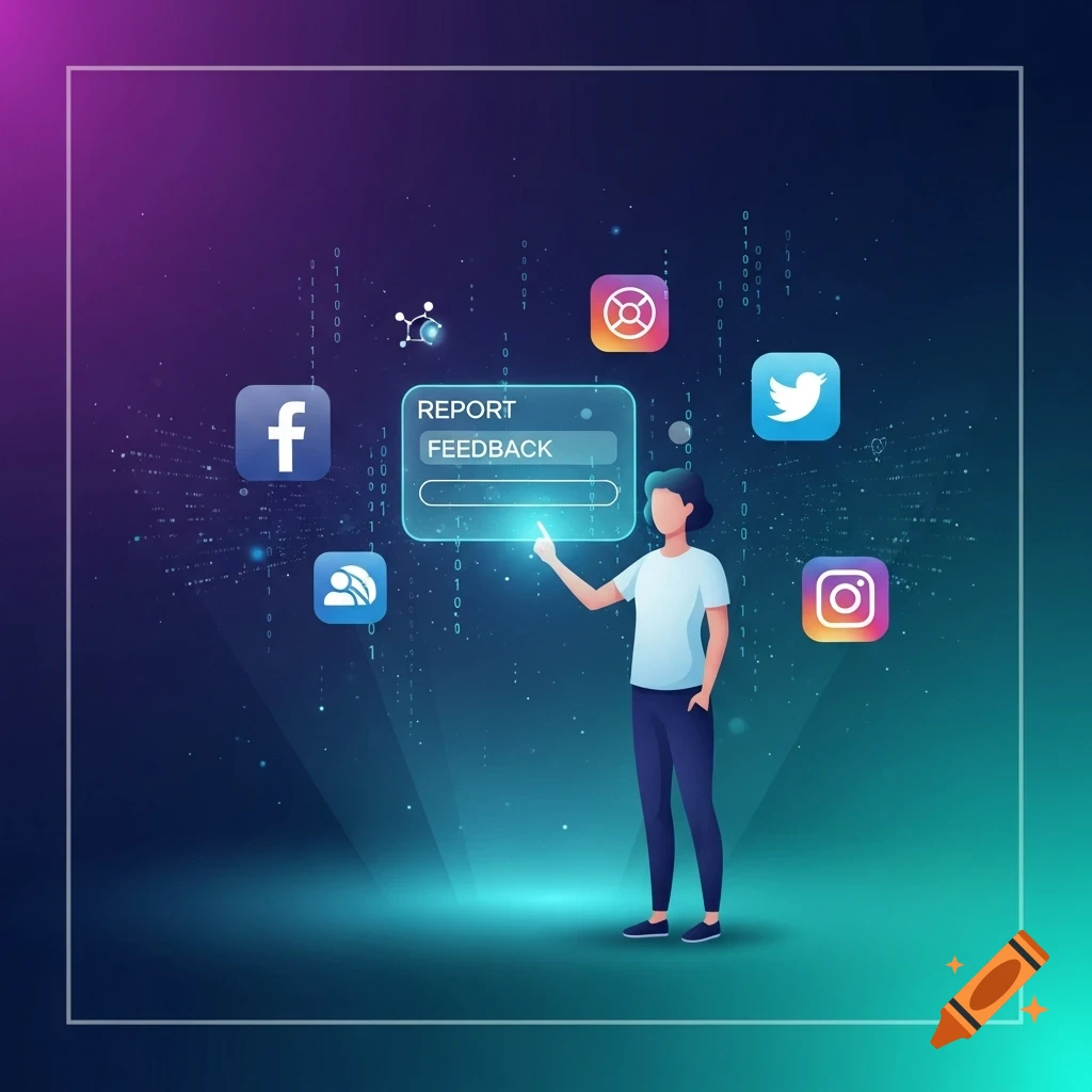 Stylized illustration of a person pointing at a digital interface with 'REPORT' and 'FEEDBACK' buttons, surrounded by social media logos on a futuristic background.