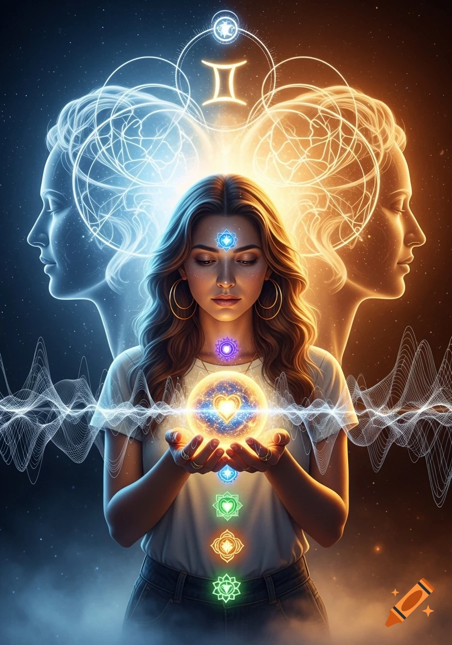 Photorealistic mystical portrait of a woman holding a glowing energy orb, showing chakras and a Gemini symbol against a dualistic blue and orange background.
