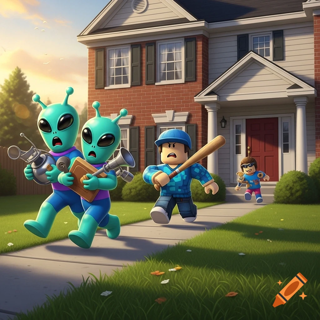 Two teal aliens carrying objects run away from an angry Roblox player with a baseball bat in front of a suburban house.