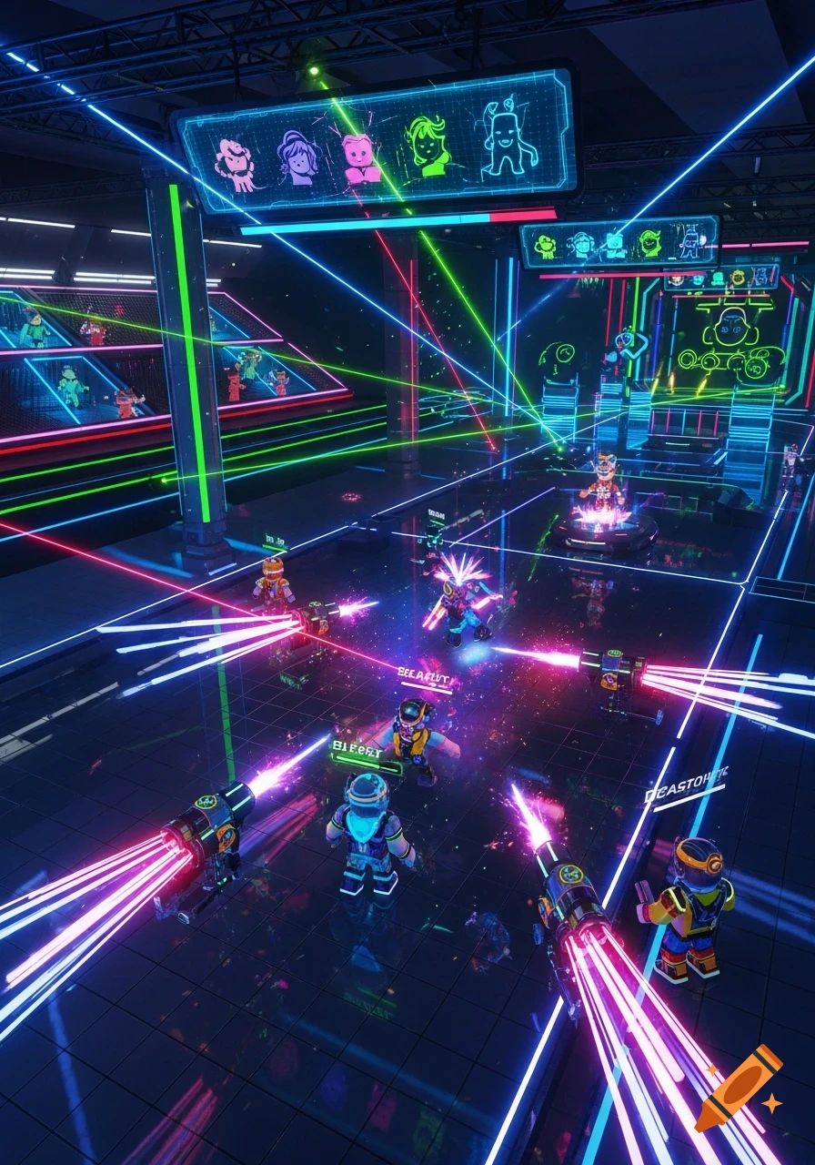 Roblox-style characters engage in a vibrant laser tag game with neon lights and glowing beams in a dark, futuristic arena.