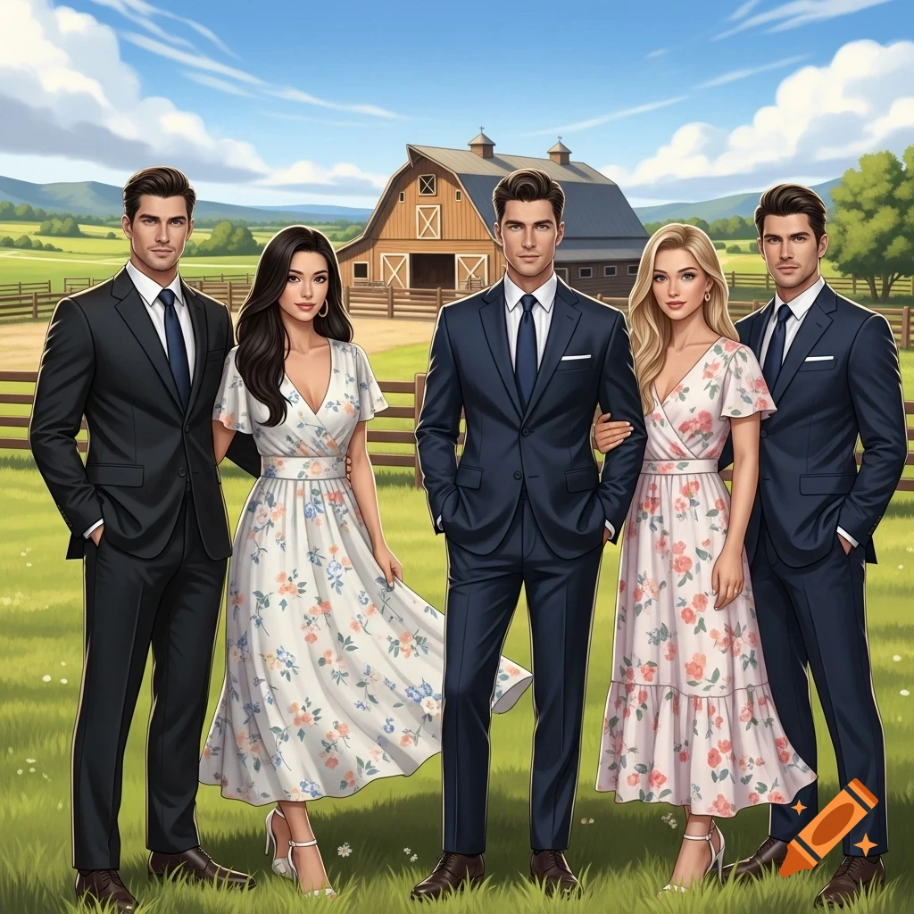 Three men in dark suits and two women in floral summer dresses stand in a grassy field in front of a barn under a blue sky, in a stylized art style.