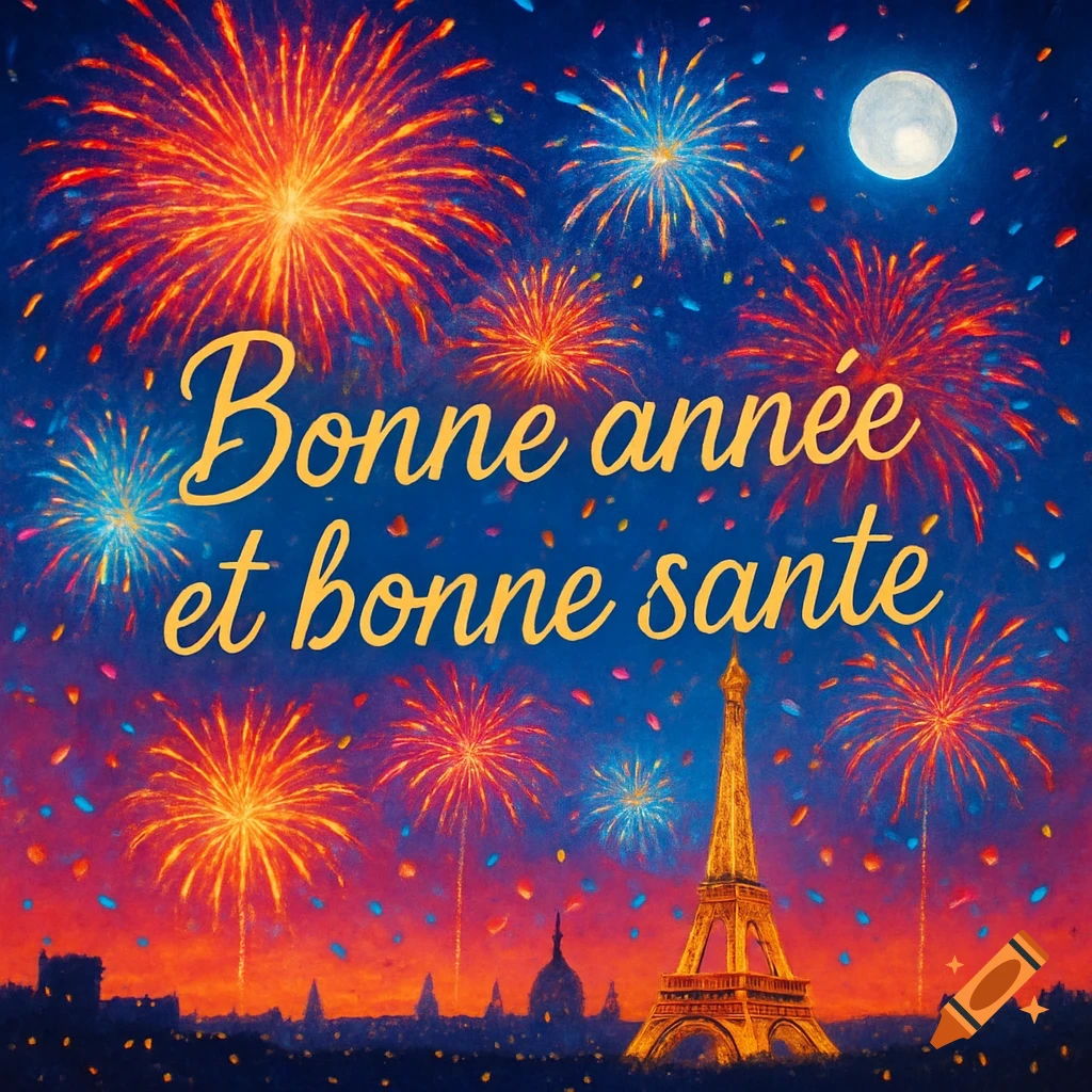 Vibrant fireworks illuminate the night sky over the Eiffel Tower in Paris, with "Bonne année et bonne santé" in golden script.