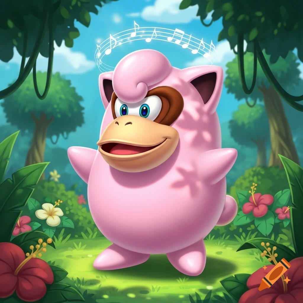 A pink, round creature with a Diddy Kong face and musical notes floating above its head, standing in a vibrant jungle.