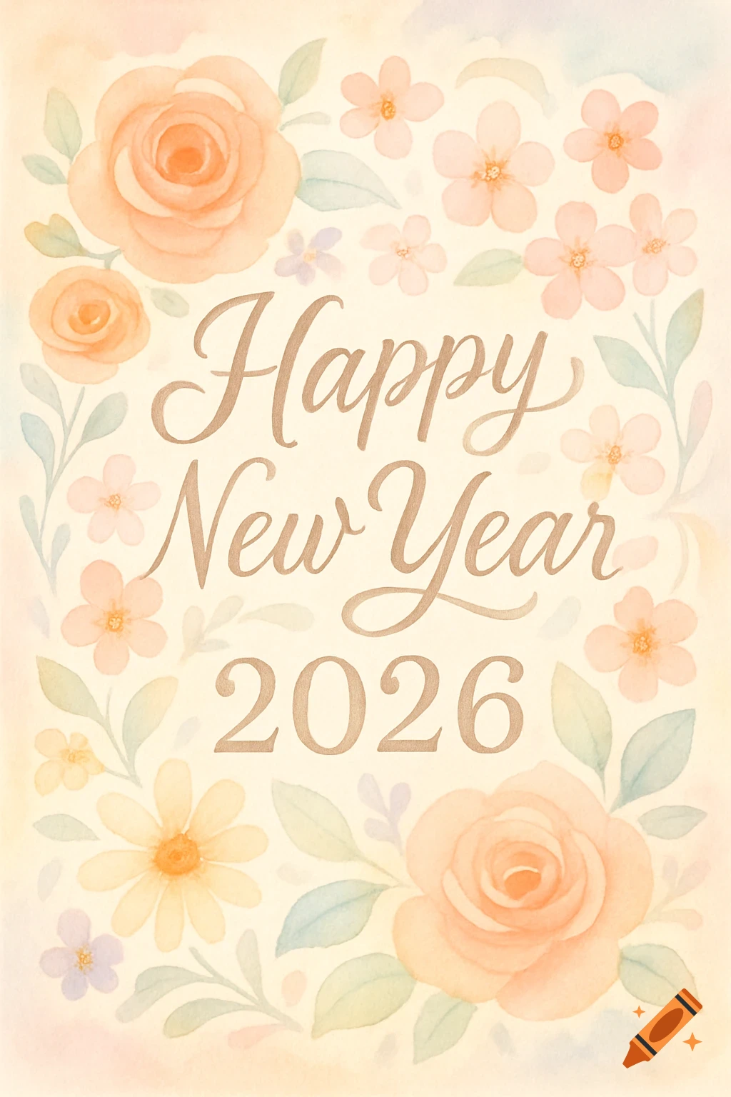 Watercolor Happy New Year 2026 greeting card with pastel orange roses, small pink and purple flowers, and green leaves.