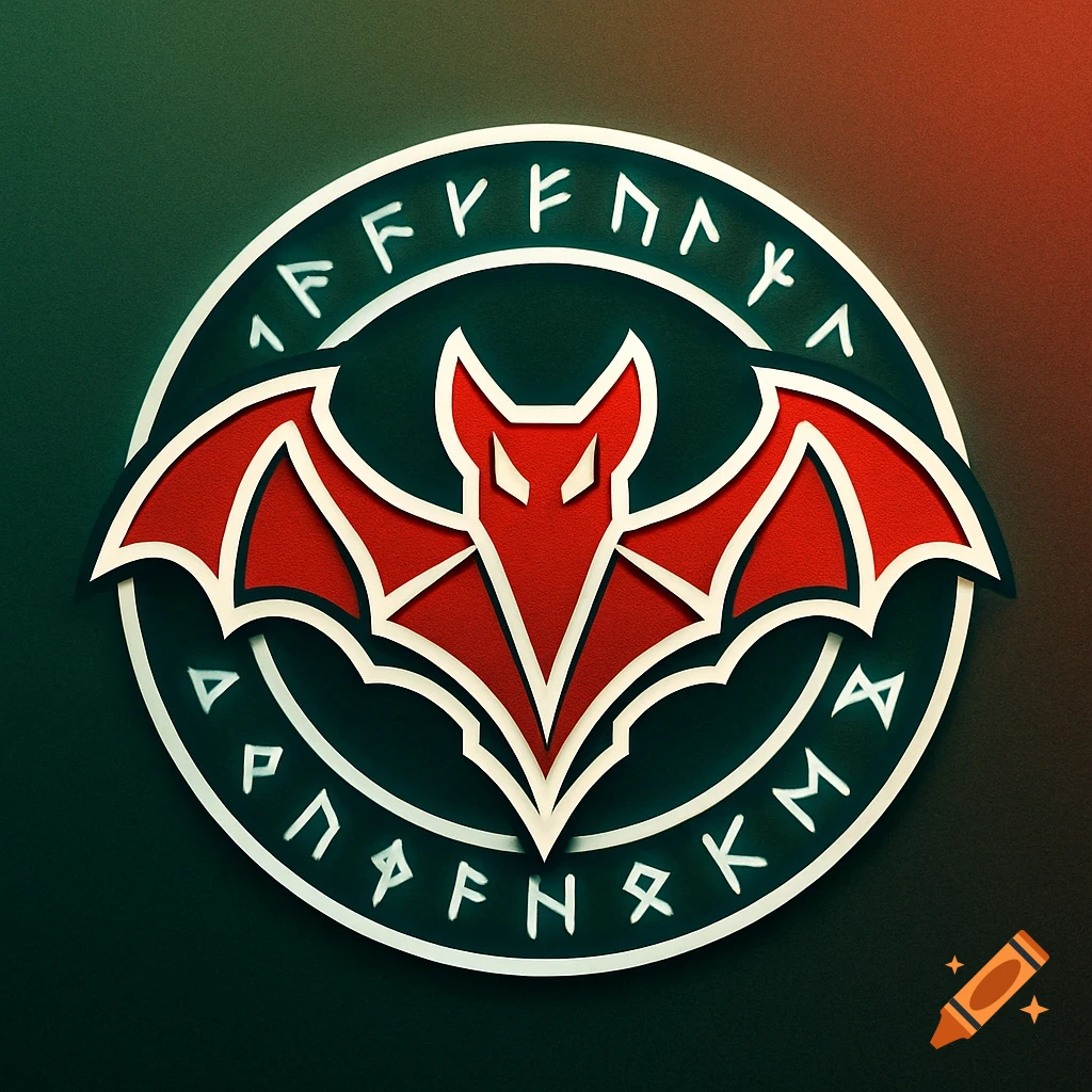 Stylized red and white bat logo with pointy ears and spread wings, encircled by a white band with rune-like symbols, on a dark green background.