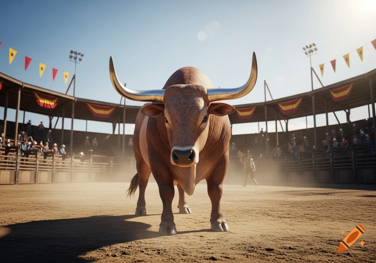A large, stylized brown bull with golden horns stands in a dusty bullring arena, facing forward. Spectators fill the stands under a bright sky.
