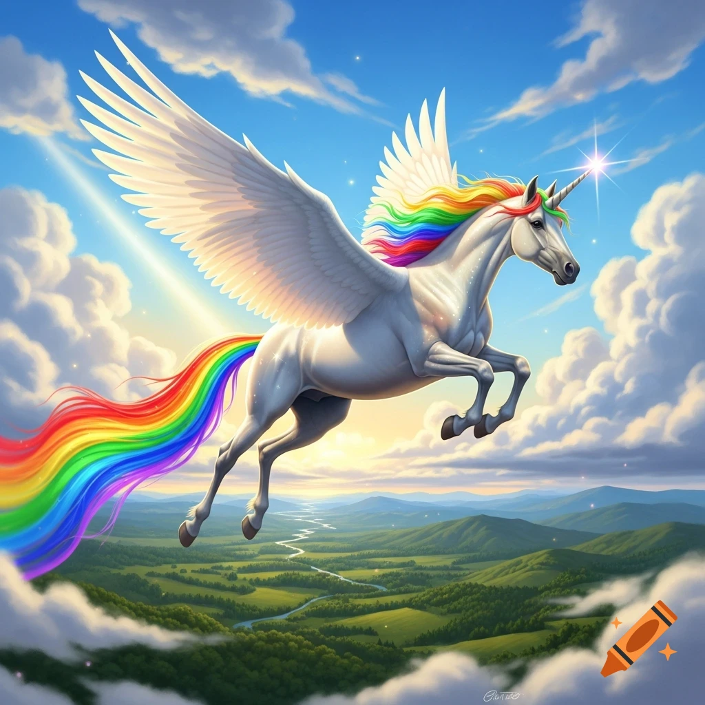 A majestic white winged unicorn with a rainbow mane and tail flies over a green landscape under a bright blue sky.