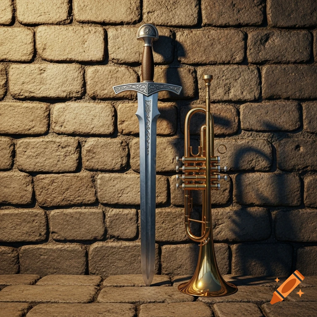 A medieval sword and a golden trumpet lean against a rustic brick wall, casting shadows.
