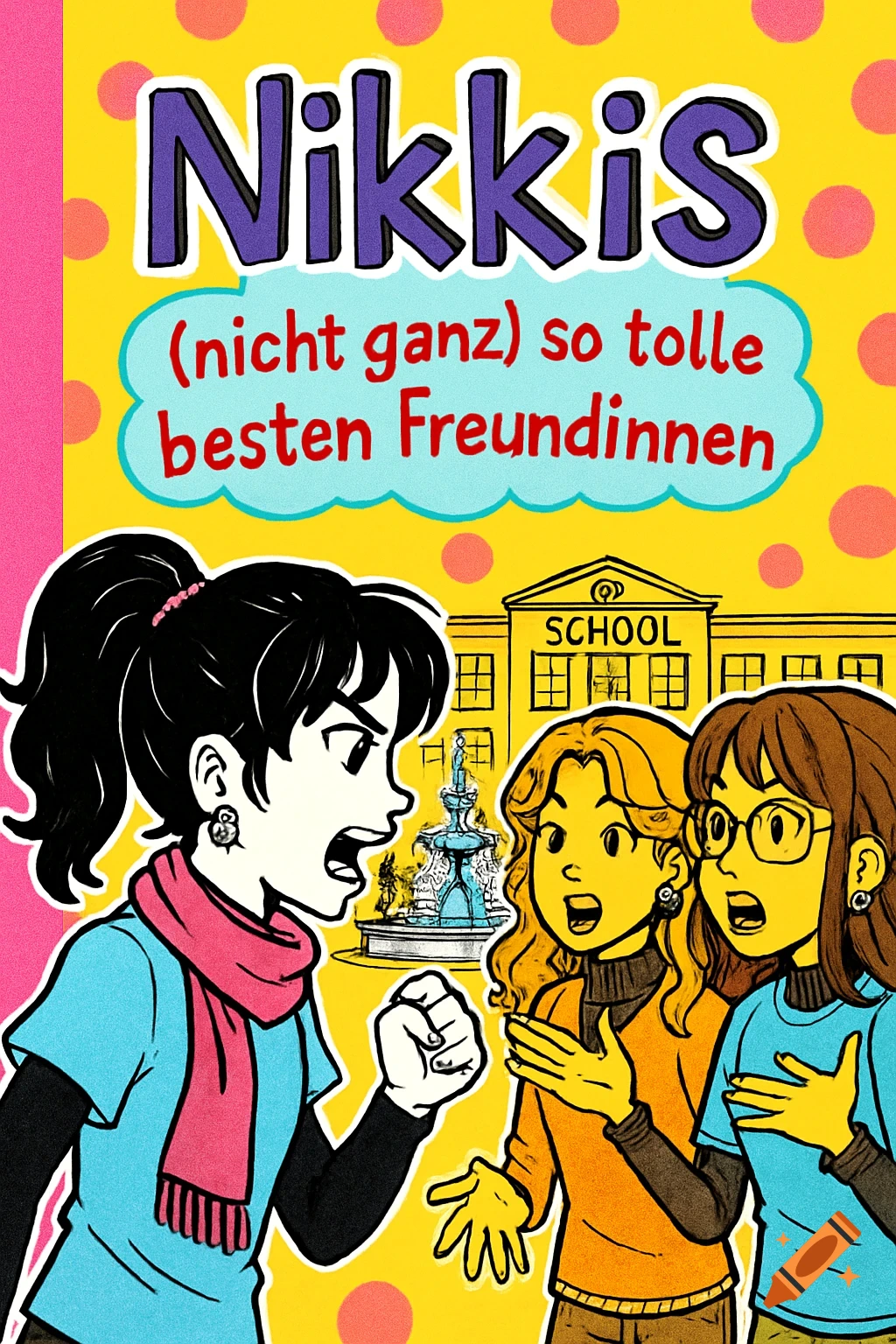 A cartoon book cover shows an angry dark-haired girl confronting two surprised friends outside a school, with the title 'Nikkis (nicht ganz) so tolle besten Freundinnen'.