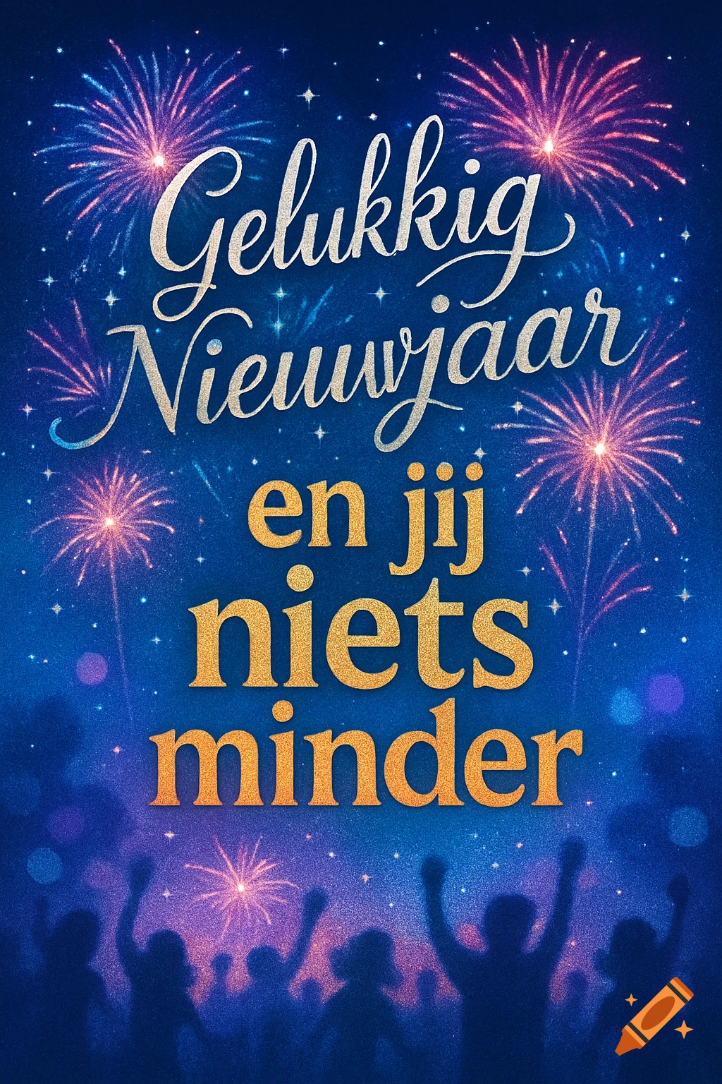 A festive New Year's card with sparkling text "Gelukkig Nieuwjaar en jij niets minder", colorful fireworks, and silhouetted crowd celebrating against a dark blue background.