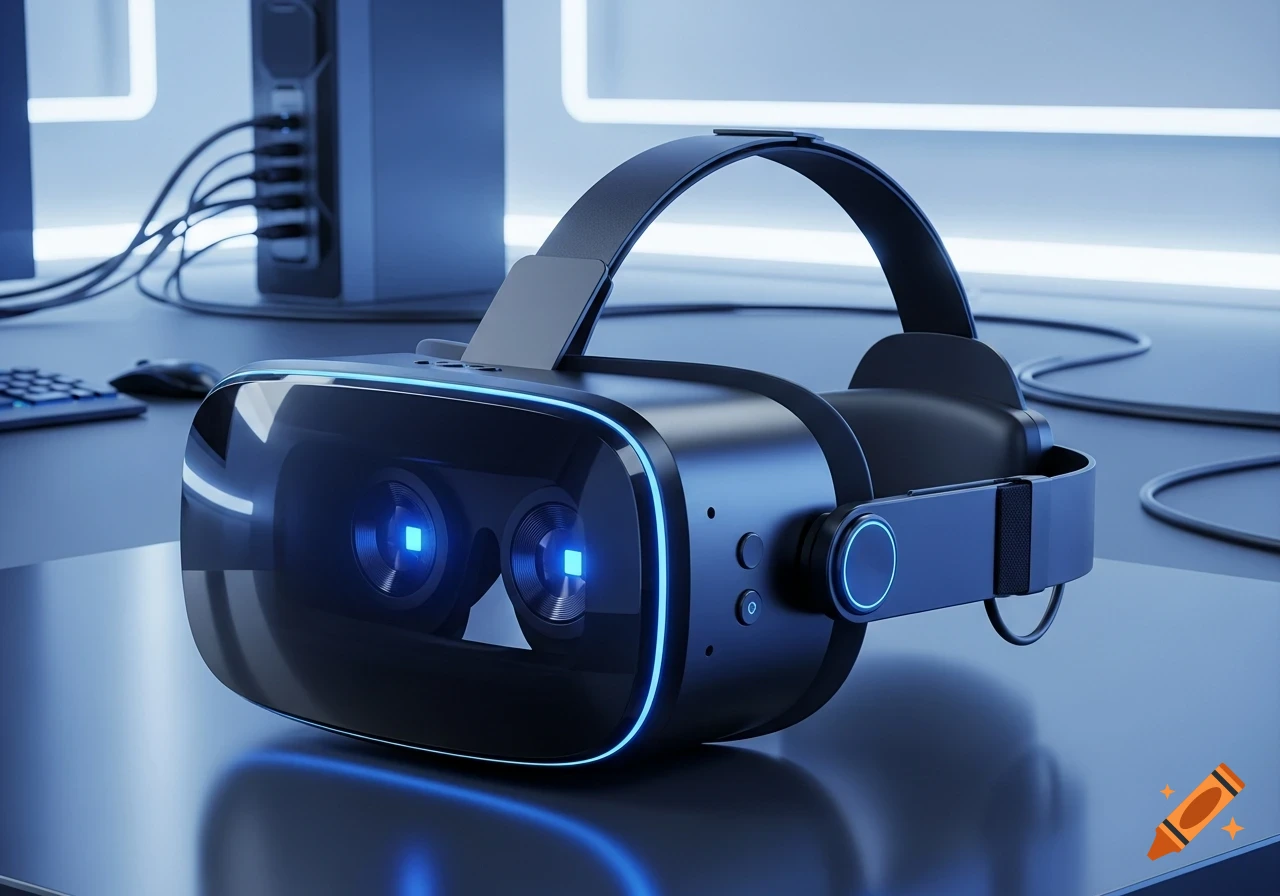 A photorealistic VR headset with glowing blue accents sits on a dark desk next to a computer setup.