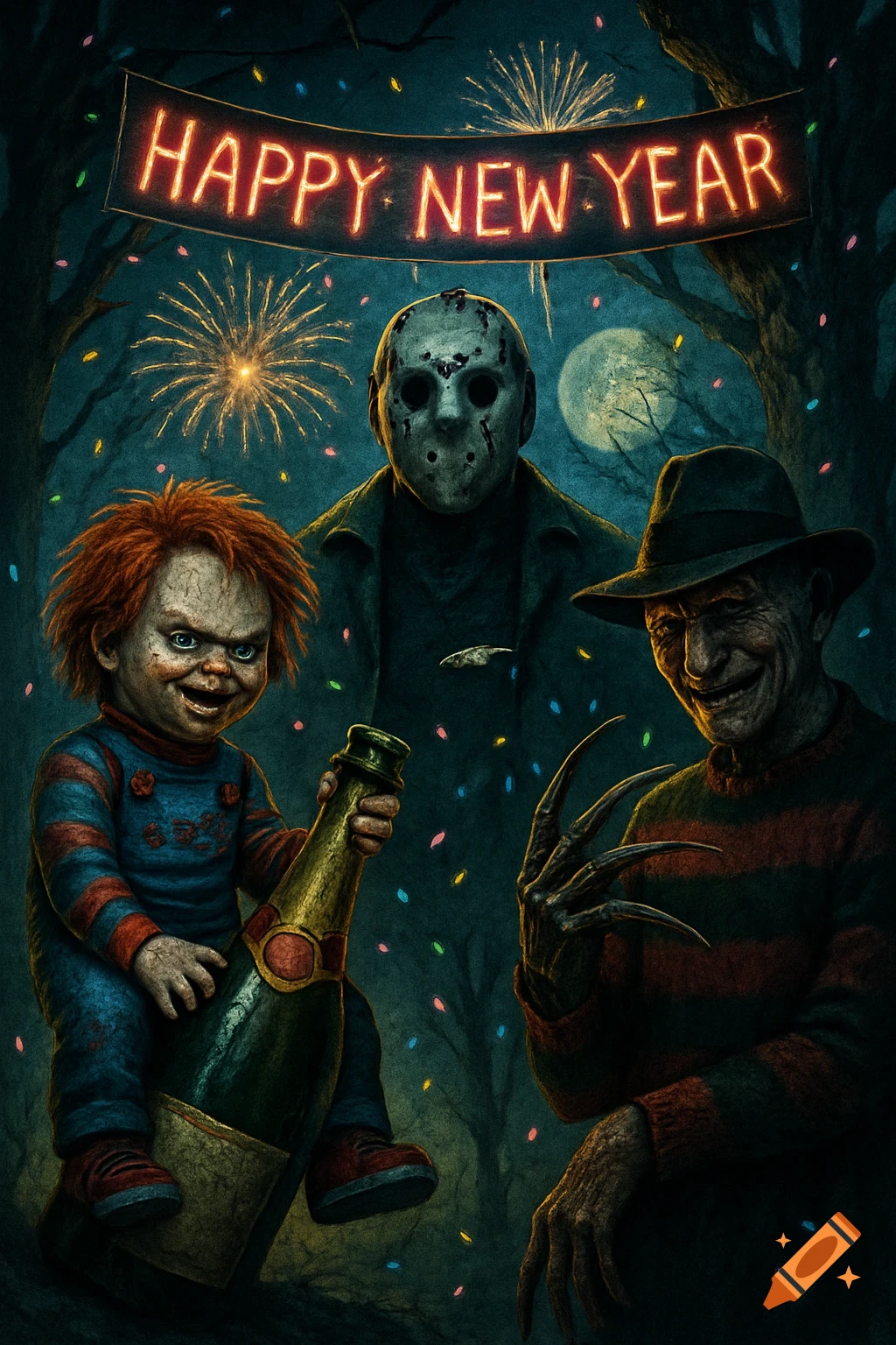 Chucky on a champagne bottle, Jason Voorhees, and Freddy Krueger under a 'HAPPY NEW YEAR' banner with fireworks in a dark, stylized illustration.