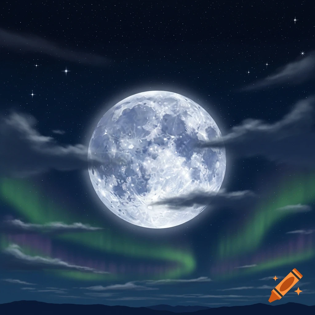 A large, bright full moon shines in a dark, starry night sky with green and purple aurora borealis and distant mountains below.