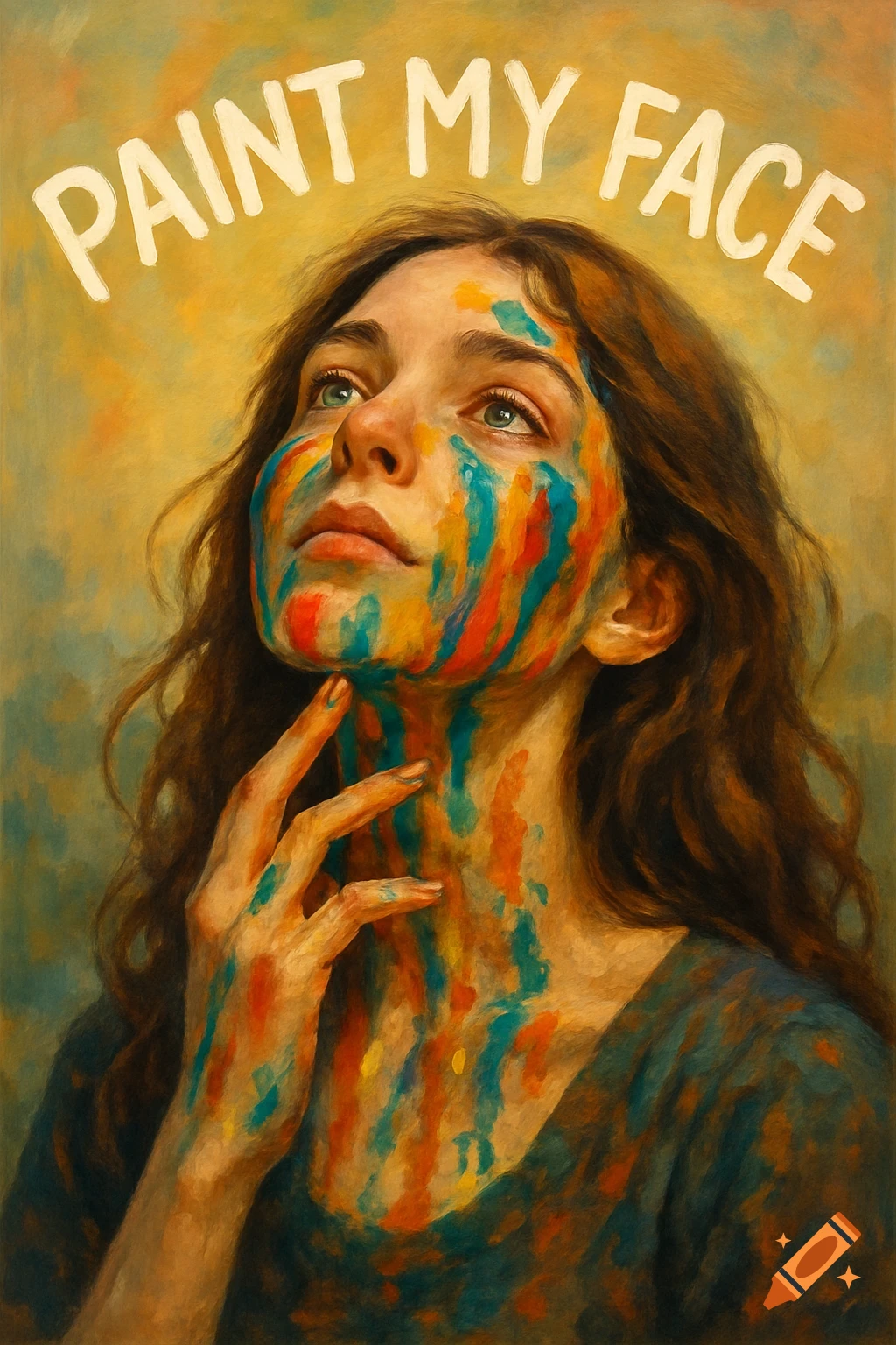 A painted portrait of a young woman with long brown hair, looking up, with colorful paint smeared across her face and neck. Text above reads "PAINT MY FACE".
