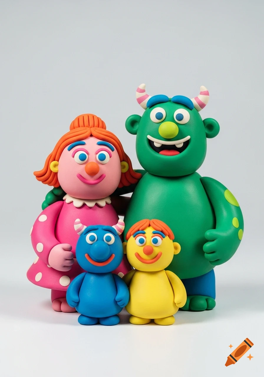 A family of four cute, colorful plasticine clay monsters, two adults and two children, standing together on a plain background.
