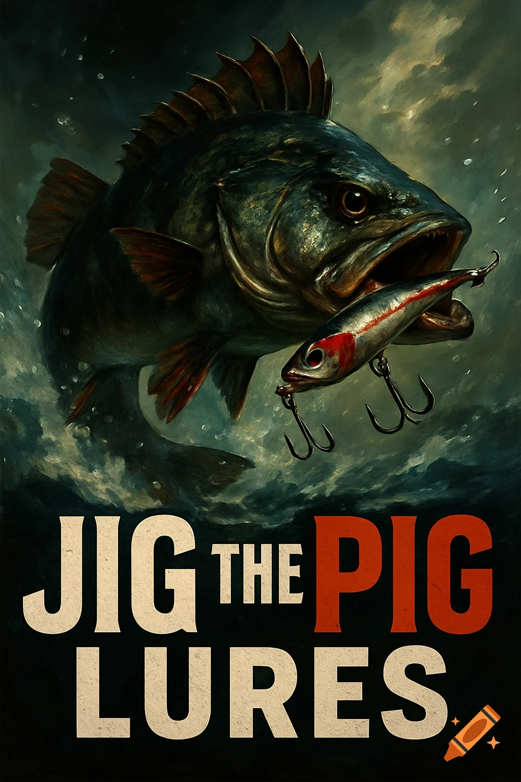 An evil-looking perch fish with a fishing lure in its mouth against a dark, stormy background, with text "JIG THE PIG LURES".