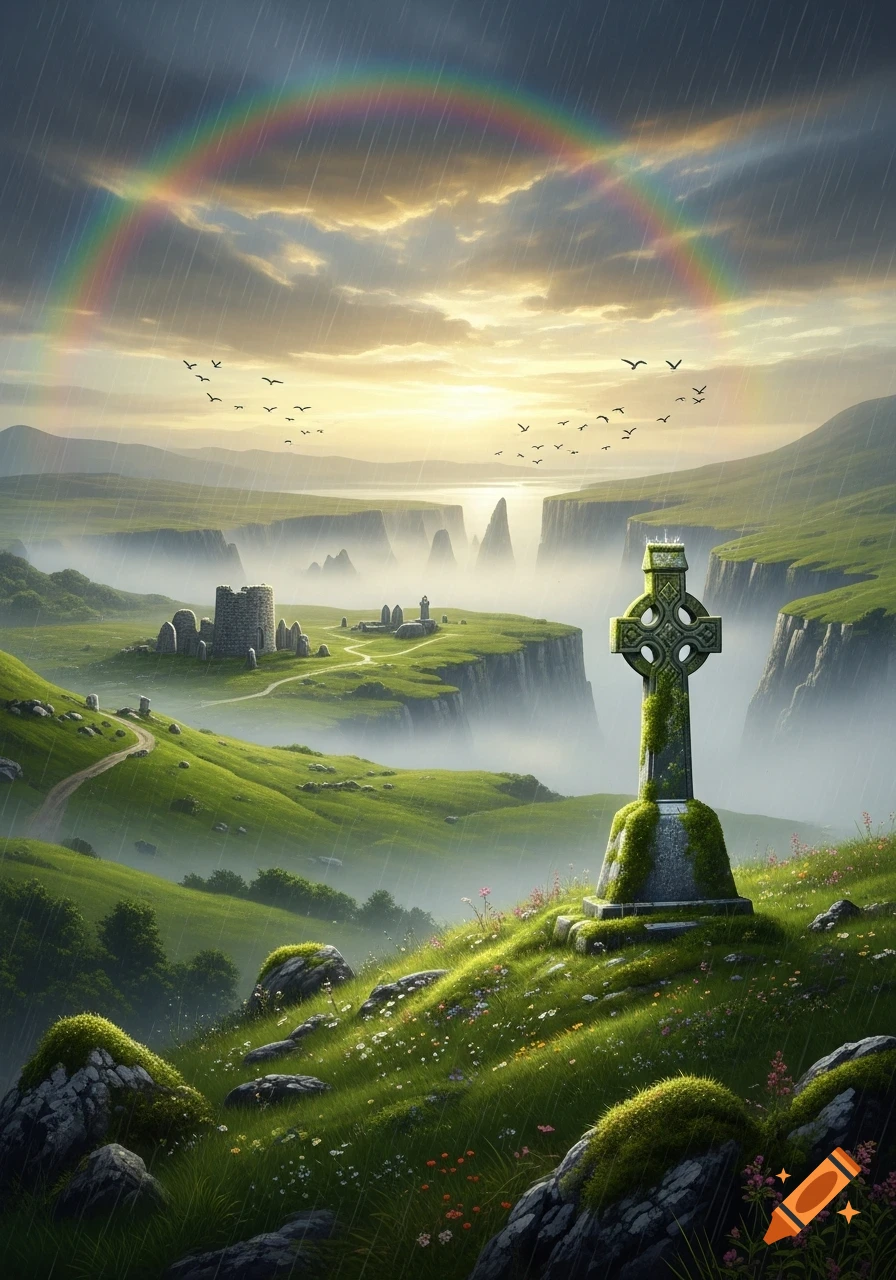 A vibrant green, misty landscape with a large moss-covered Celtic cross, ancient ruins, a rainbow, and birds flying under a rainy sky.