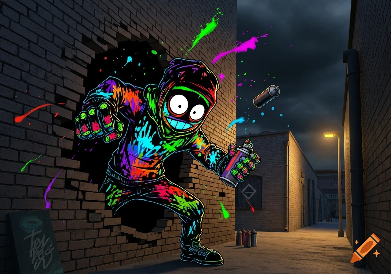 A vibrant, cartoonish graffiti character bursts through a brick wall ...