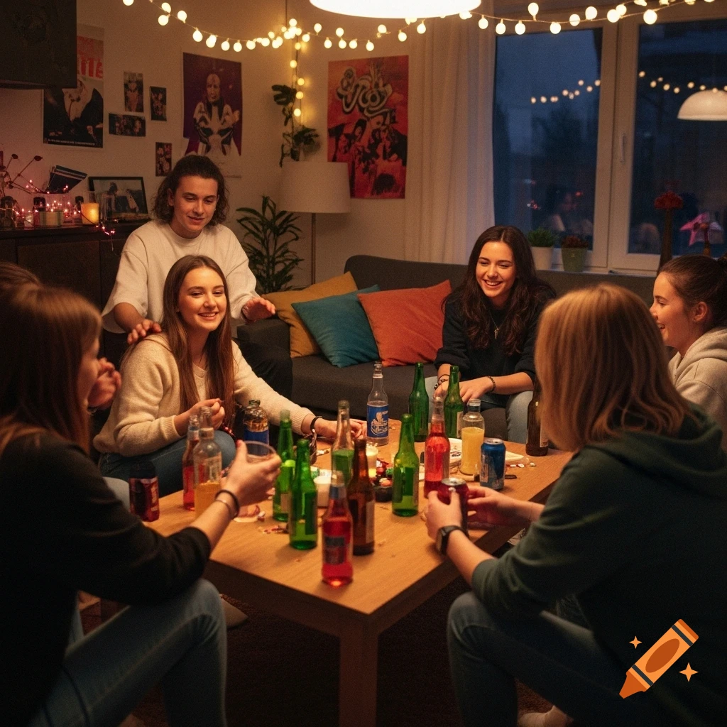 A group of young people gathered around a wooden table in a dimly lit room, with many bottles on the table, enjoying a house party. String lights adorn the ceiling.