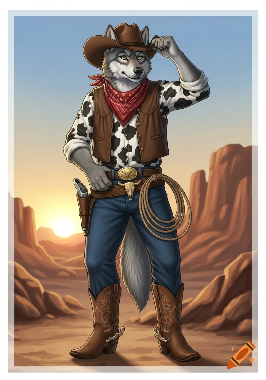 An anthropomorphic grey wolf cowboy in a brown hat and vest, blue jeans, and bandana tips his hat in a desert sunset.