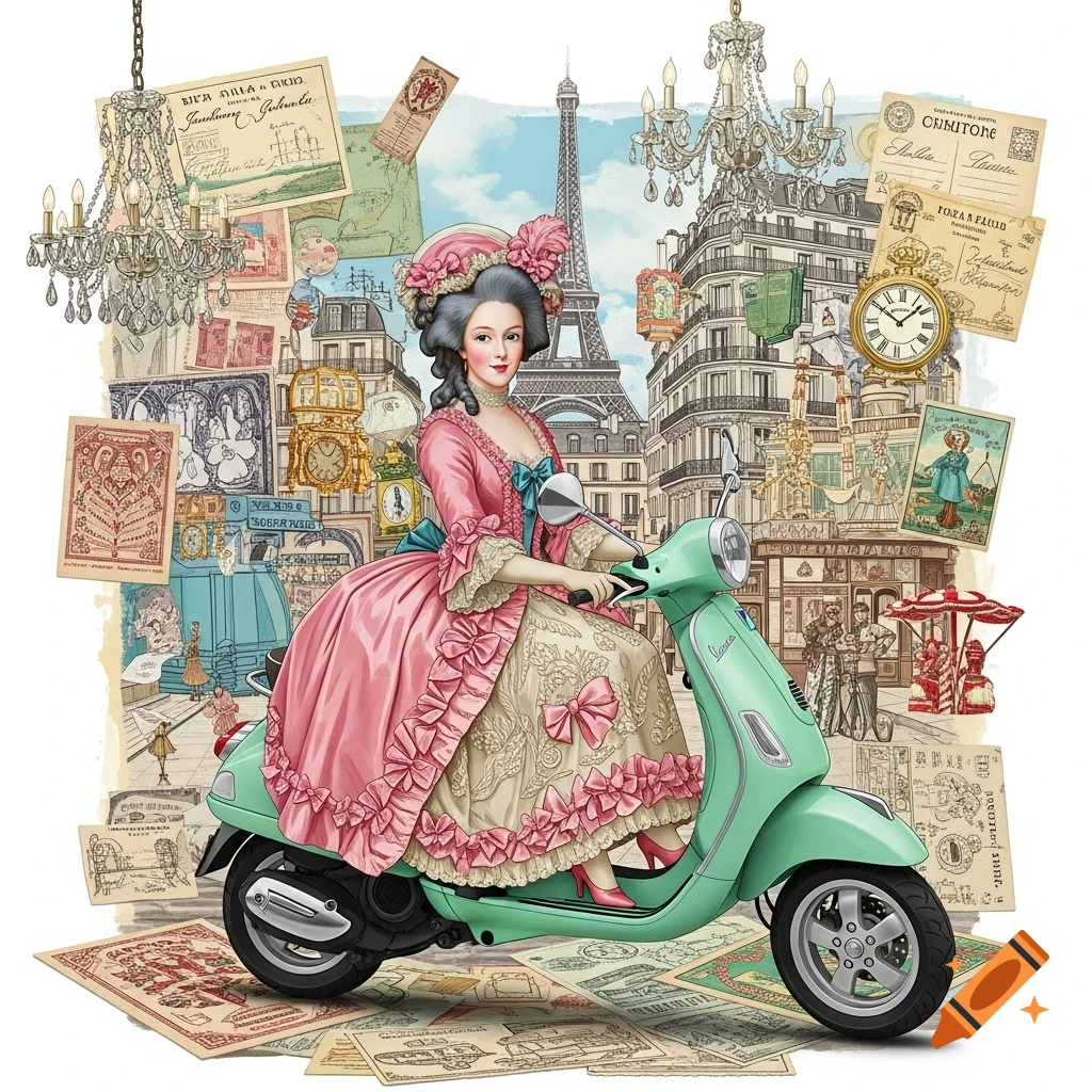Marie Antoinette in a pink rococo dress riding a light green Vespa scooter in a retro collage scene of Paris with the Eiffel Tower and chandeliers.