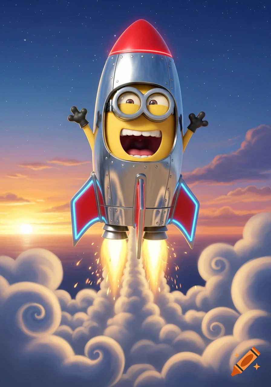 A cheerful Minion in a silver and red rocket launching into the starry sky, leaving a trail of fire and smoke through the clouds at sunset.